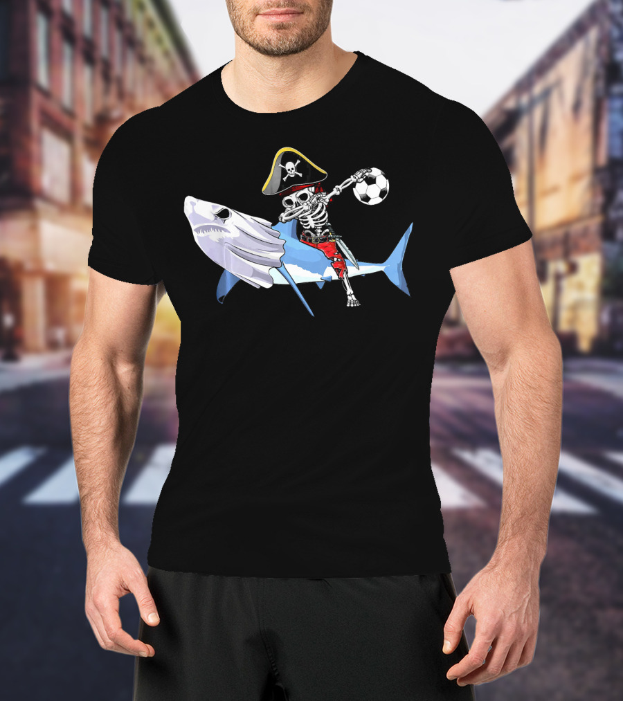 Jolly Roger Pirate Skeleton Dab On Shark Holding Soccer Ball T-Shirt