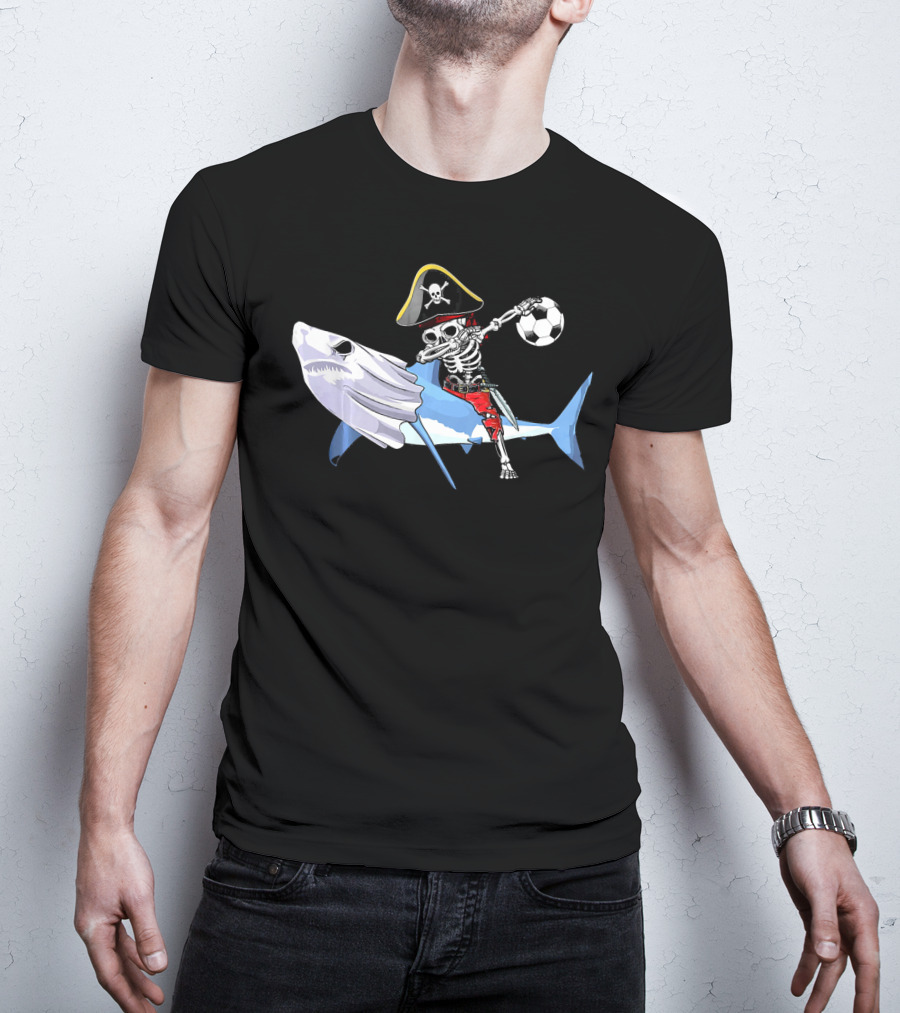 Jolly Roger Pirate Skeleton Dab On Shark Holding Soccer Ball T-Shirt
