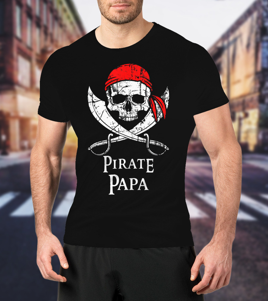 Pirate Papa Skull Crossbones Red Bandana Swords T-Shirt