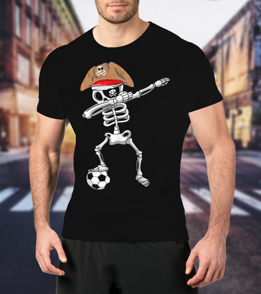 Skull Soccer Pirate Skeleton Dabbing With Eye Patch And Hat T-Shirt