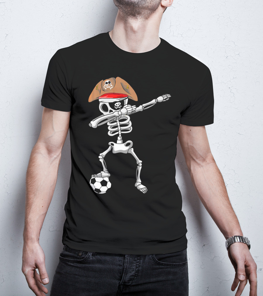 Skull Soccer Pirate Skeleton Dabbing With Eye Patch And Hat T-Shirt
