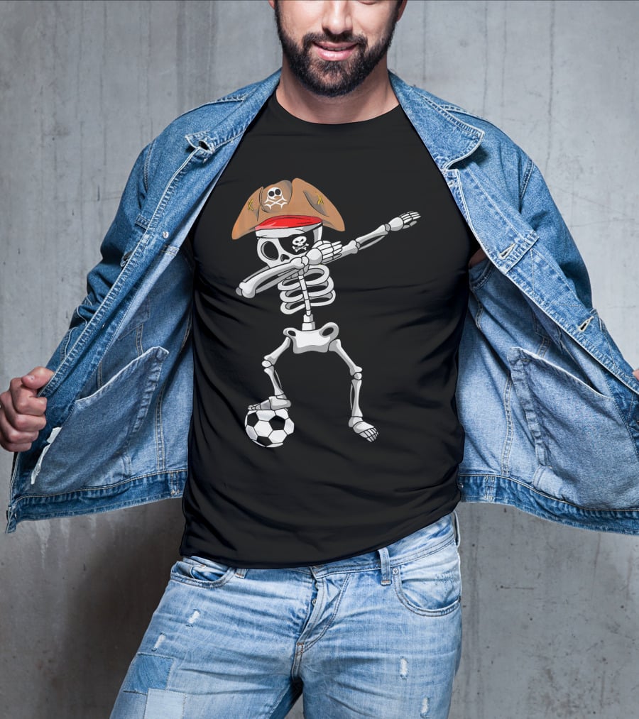 Skull Soccer Pirate Skeleton Dabbing With Eye Patch And Hat T-Shirt