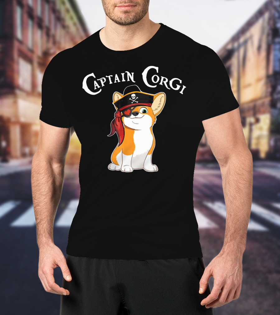 Captain Corgi Pirate Dog With Eyepatch And Skull Hat T-Shirt