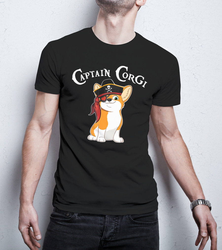 Captain Corgi Pirate Dog With Eyepatch And Skull Hat T-Shirt