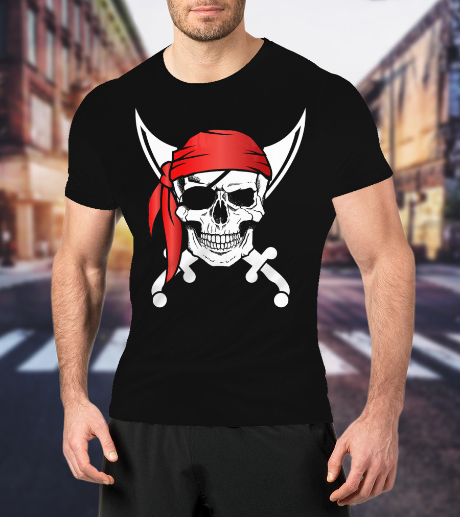 Pirate Skull Red Bandana Crossed Knives Iconic T-Shirt