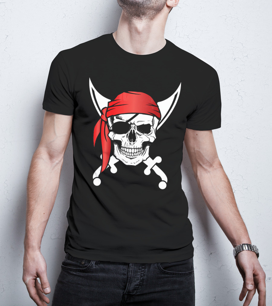 Pirate Skull Red Bandana Crossed Knives Iconic T-Shirt