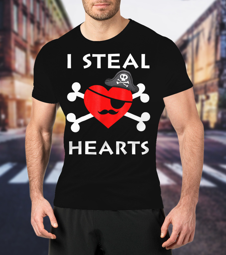 I Steal Hearts Valentine Day Pirate Eyepatch Skull Crossbones T-Shirt