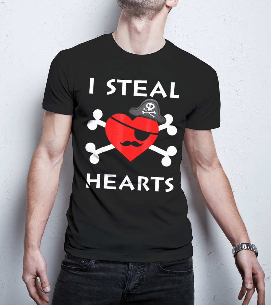 I Steal Hearts Valentine Day Pirate Eyepatch Skull Crossbones T-Shirt