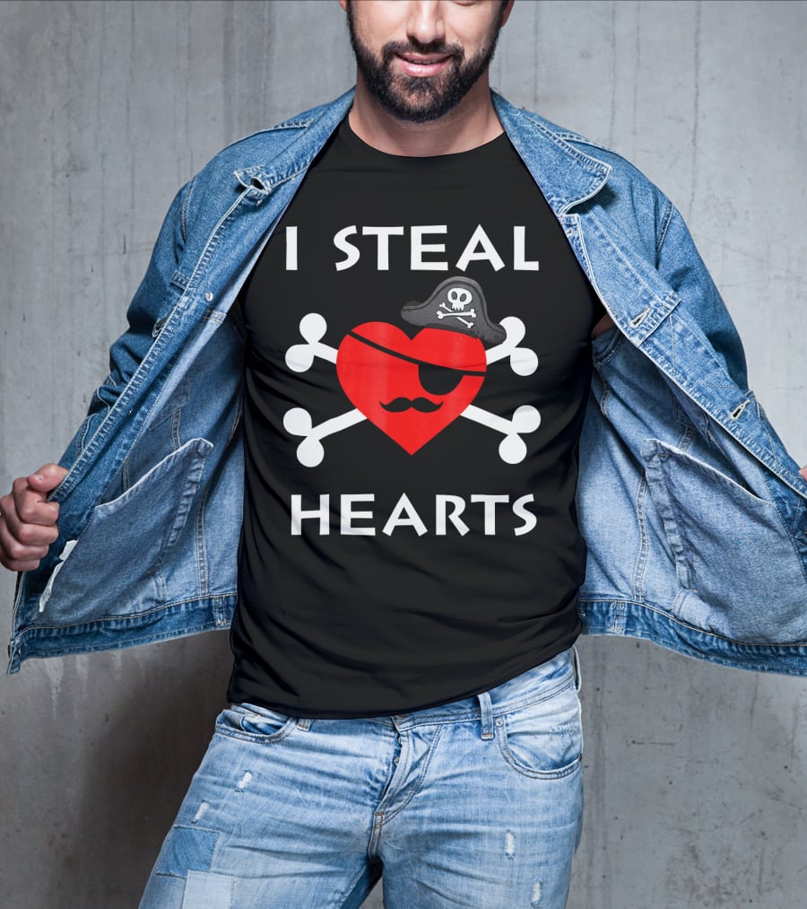 I Steal Hearts Valentine Day Pirate Eyepatch Skull Crossbones T-Shirt