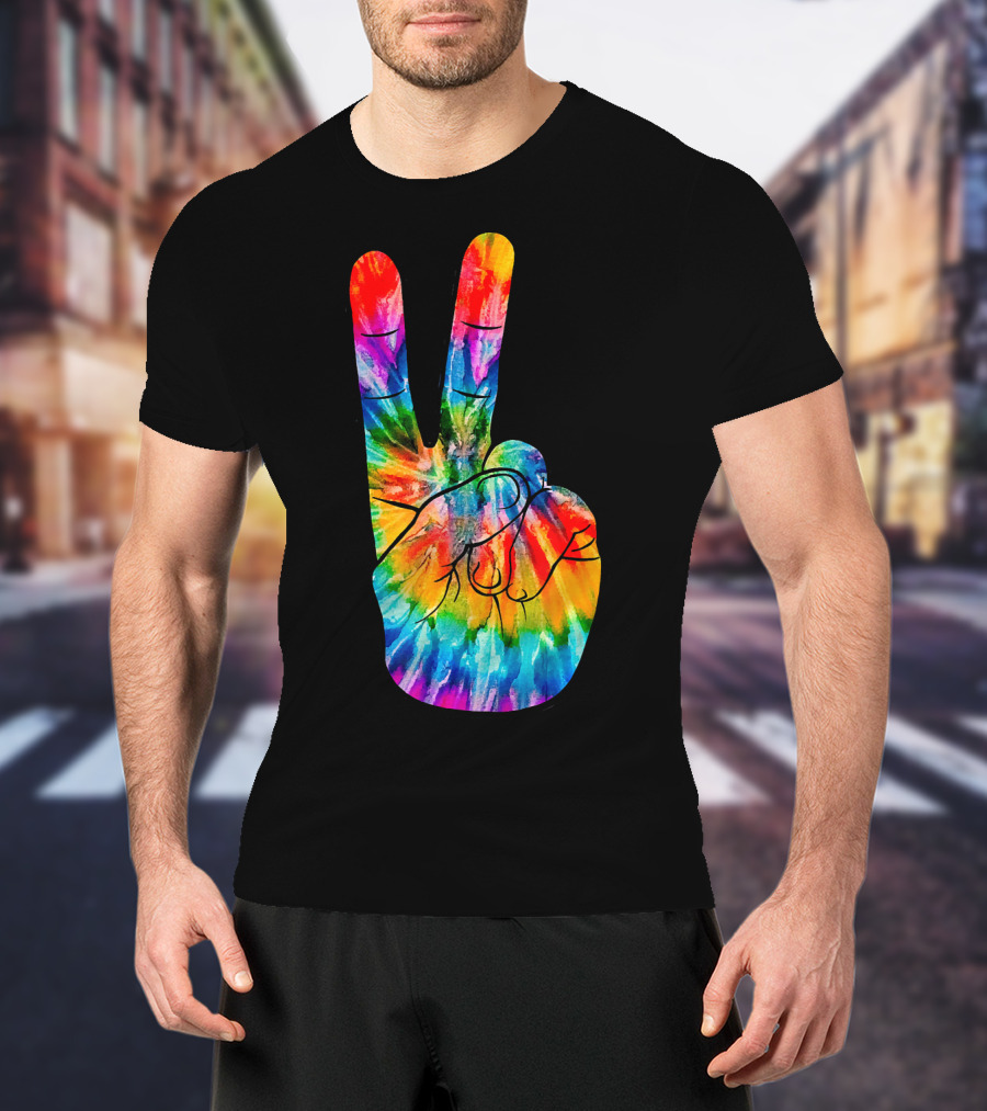 Tie Dye Peace Sign Hand V Victory Love Rainbow T-Shirt