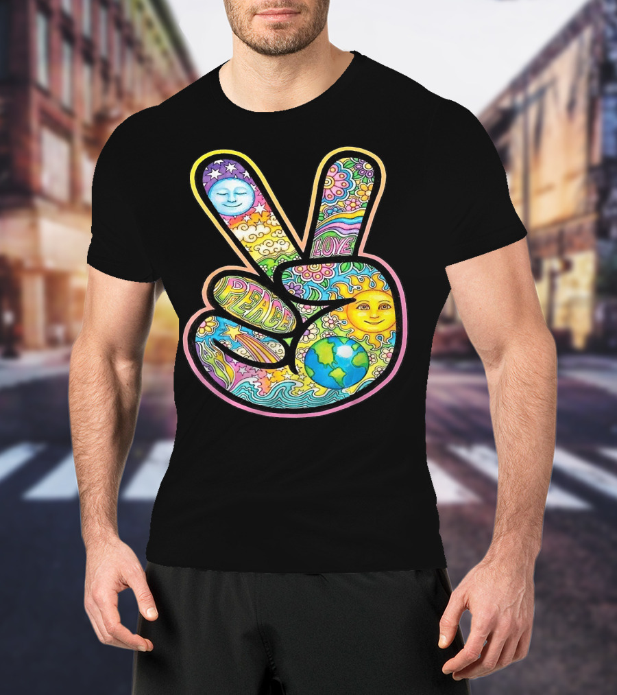 Peace Love Trippy Sun And Moon Psychedelic Earth Groovy Harmony T-Shirt