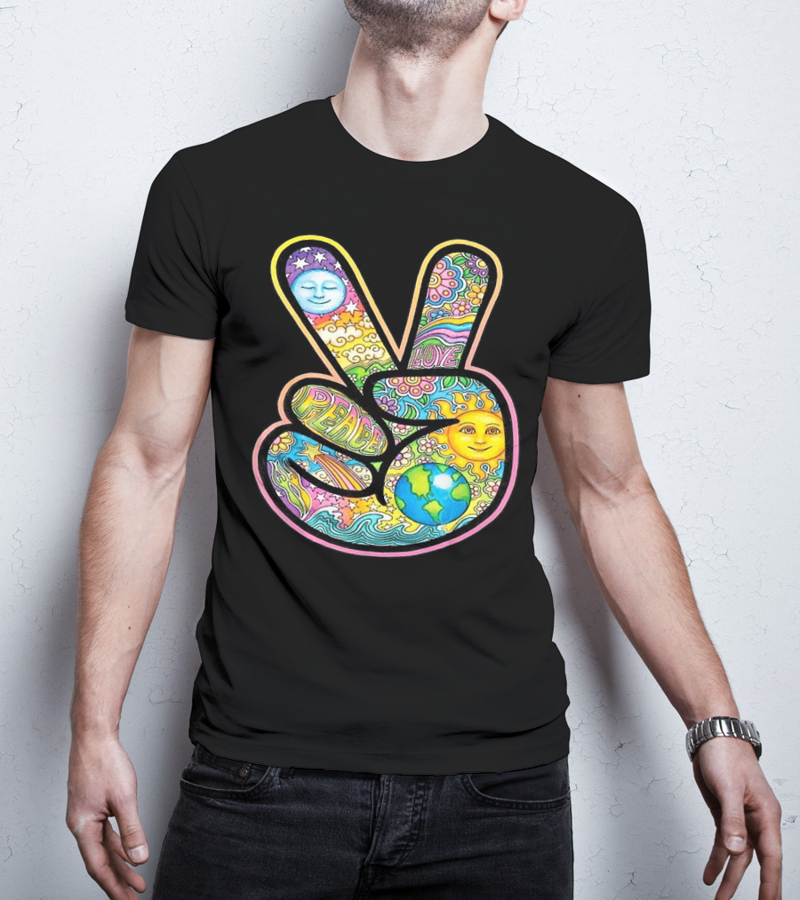 Peace Love Trippy Sun And Moon Psychedelic Earth Groovy Harmony T-Shirt