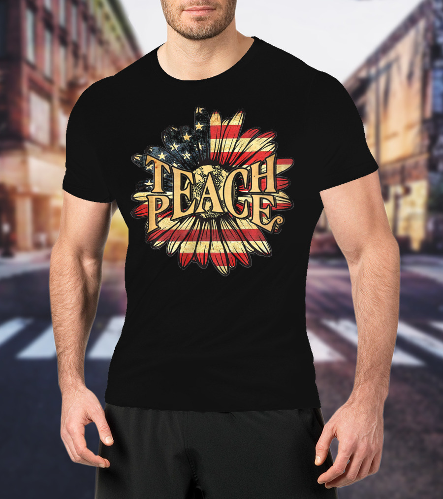 Teach Peace American Flag Flower Blossoms T-Shirt