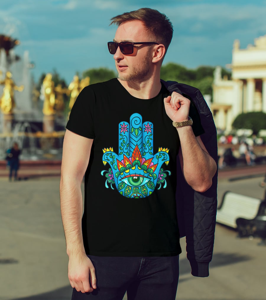 Hamsa Hand Spiritual Protection With Colorful Eye And Floral T-Shirt