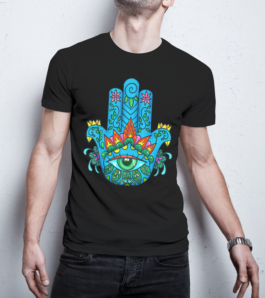 Hamsa Hand Spiritual Protection With Colorful Eye And Floral T-Shirt