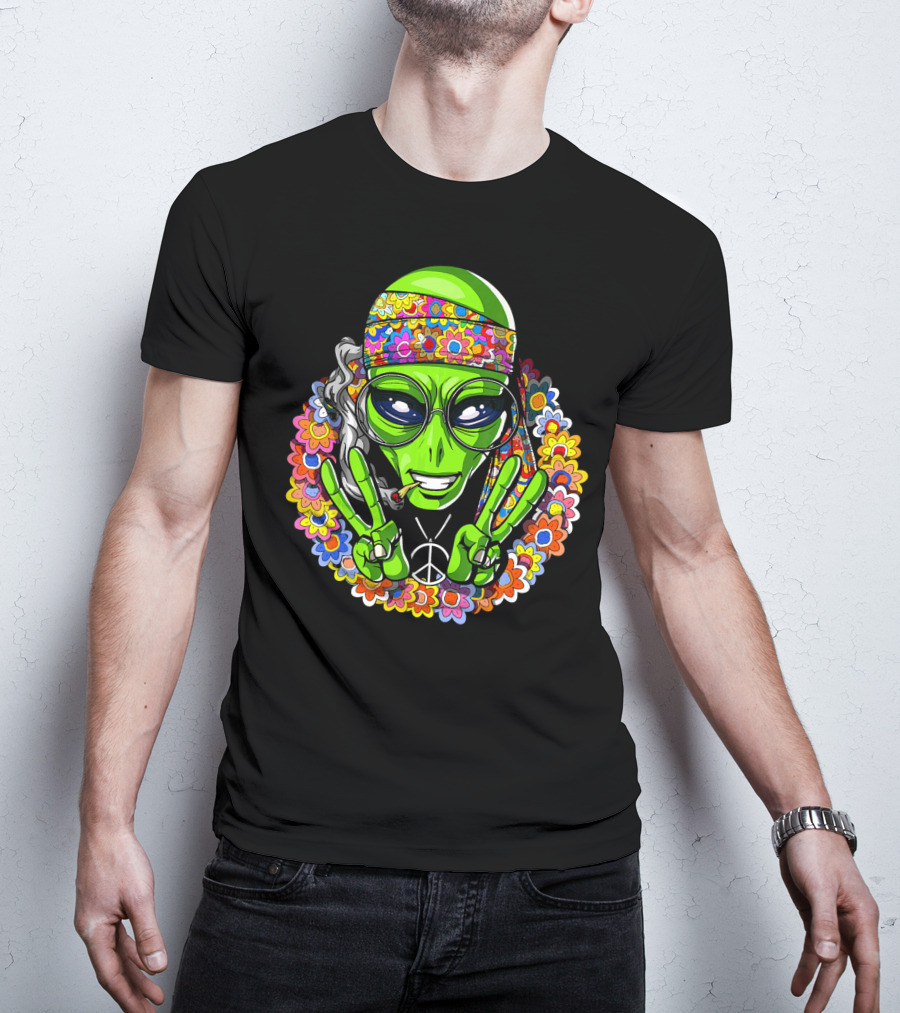 Hippie Alien Peace Sign Psychedelic Flowers Smoking Groovy T-Shirt