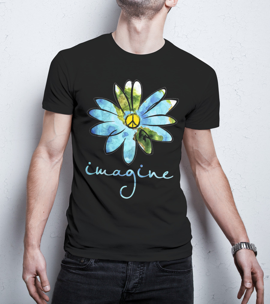 Imagine Peace Sign Flower World Map T-Shirt