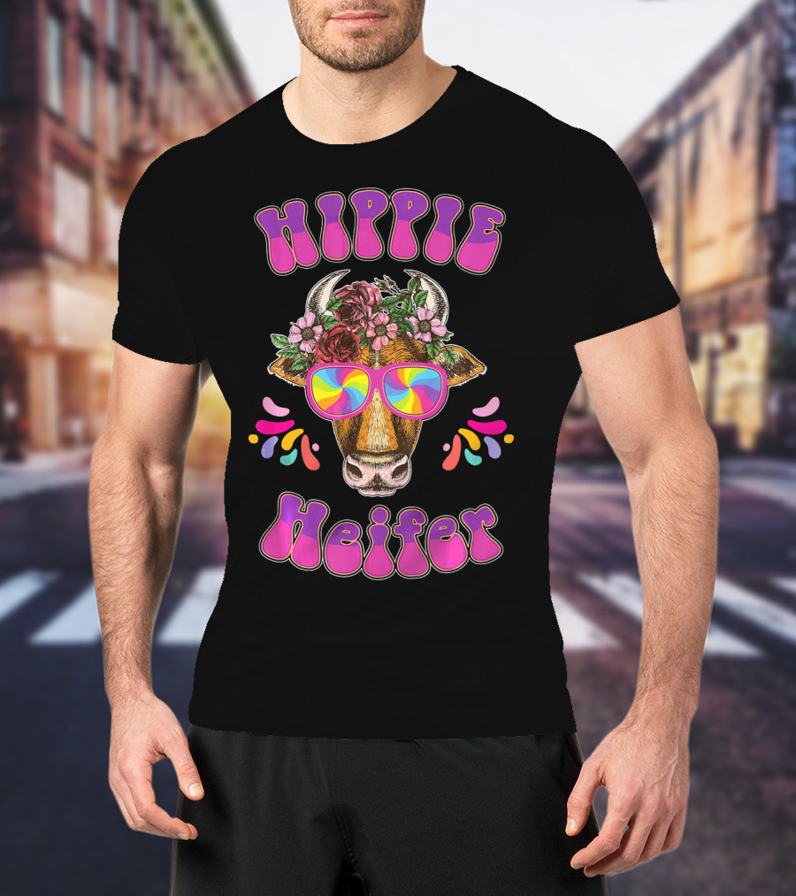 Hippie Heifer Peace Vintage Retro Cow With Floral Crown And Psychedelic Glasses T-Shirt