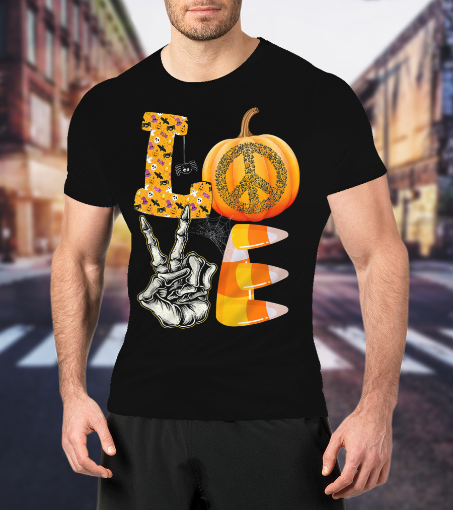 LOVE Halloween Peace Pumpkin Skeleton V Candy Corn T-Shirt