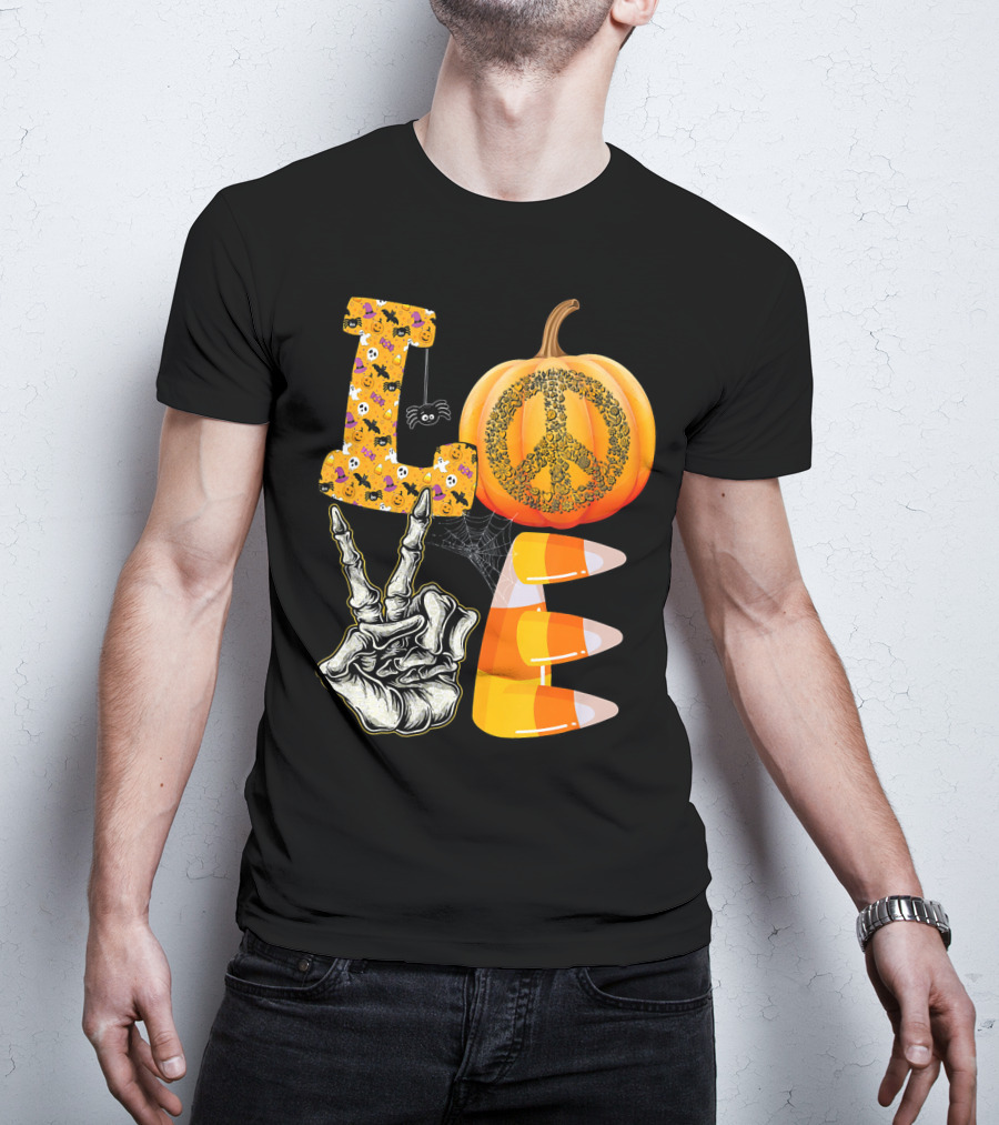 LOVE Halloween Peace Pumpkin Skeleton V Candy Corn T-Shirt