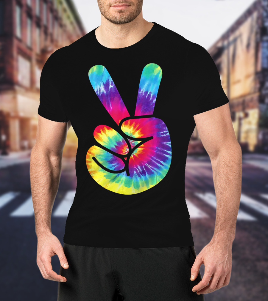 Groovy Tie Dye Peace Sign Two Finger Gesture T-Shirt