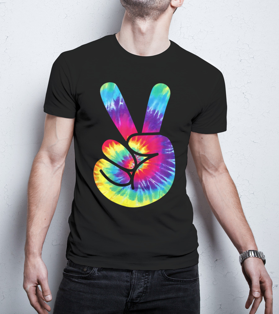 Groovy Tie Dye Peace Sign Two Finger Gesture T-Shirt