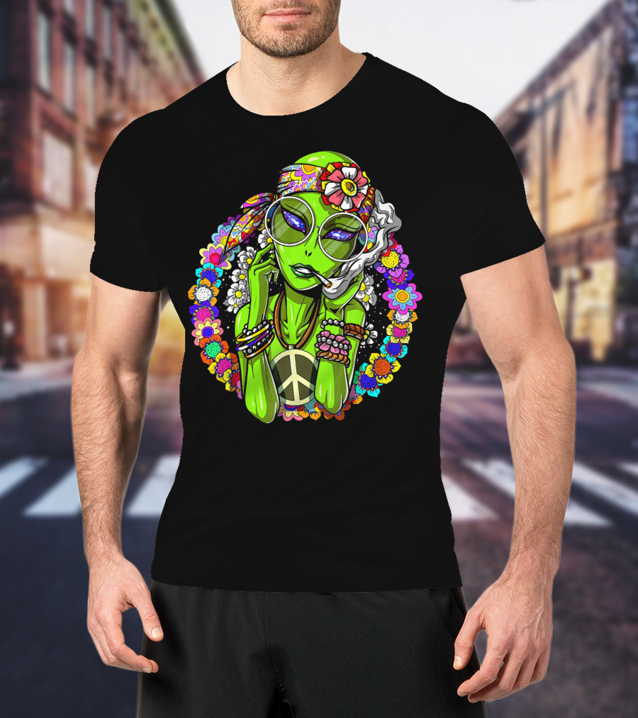 Psychedelic Hippie Alien Smoking With Peace Symbol Surrounded By Vibrant Flowers T-Shirt