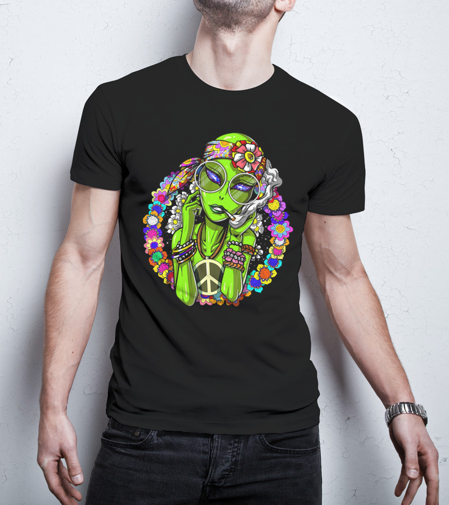 Psychedelic Hippie Alien Smoking With Peace Symbol Surrounded By Vibrant Flowers T-Shirt