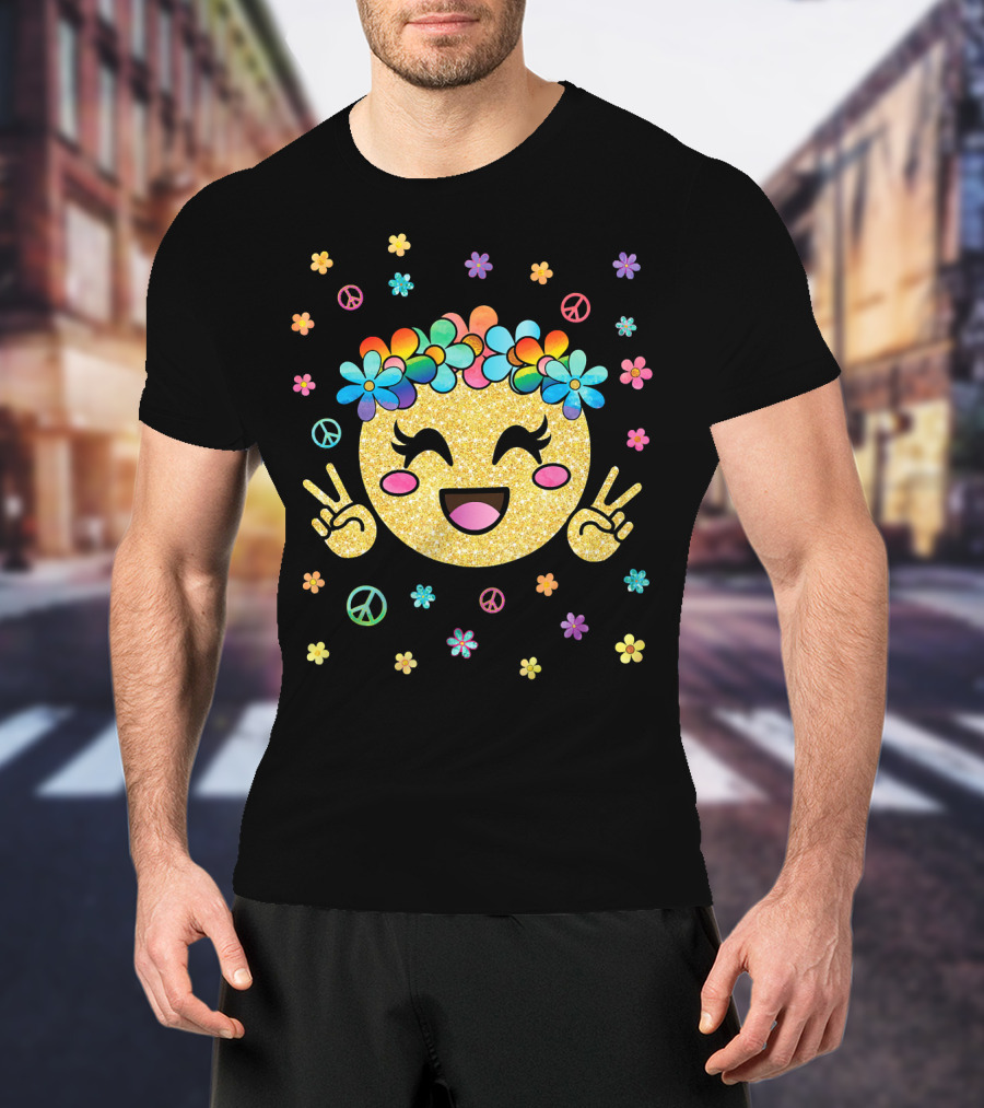 Emoji Kawaii Glitter Peace Rainbow Flower Crown T-Shirt