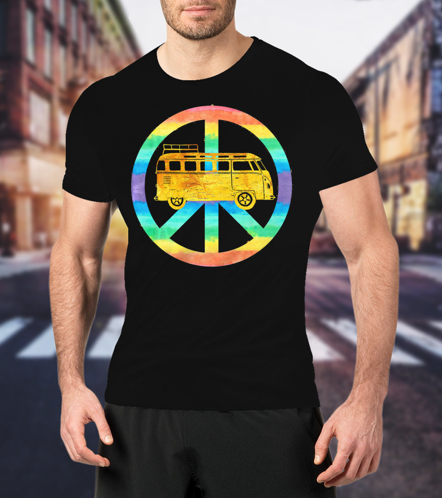 Vintage Hippie Bus Rainbow Van Peace Sign T-Shirt
