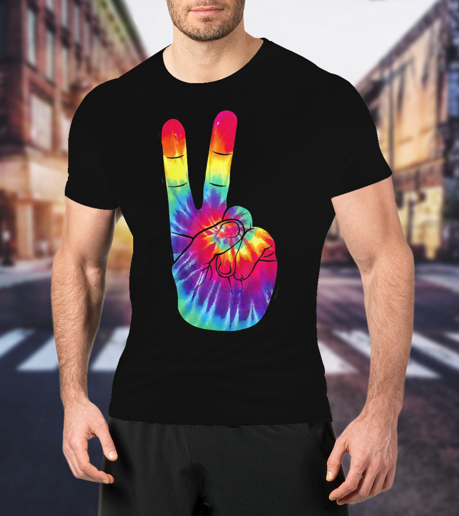 Tie Dye Peace Sign Hand Gesture Rainbow Victory T-Shirt