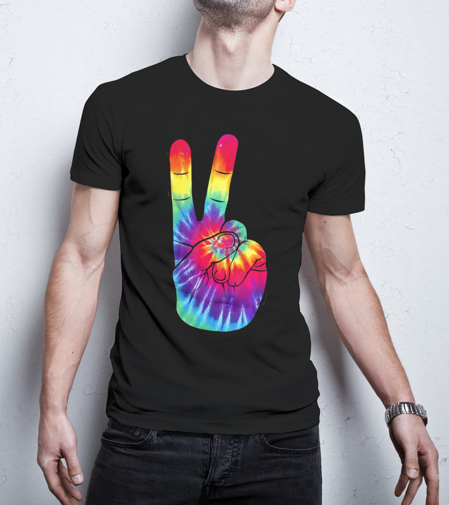 Tie Dye Peace Sign Hand Gesture Rainbow Victory T-Shirt