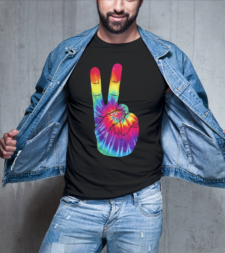 Tie Dye Peace Sign Hand Gesture Rainbow Victory T-Shirt
