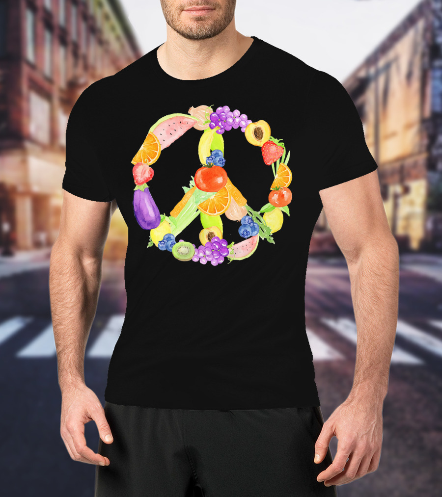 Vegan Fruits Vegetables Peace Sign Watermelon Orange Strawberry Eggplant Banana Kiwi T-Shirt