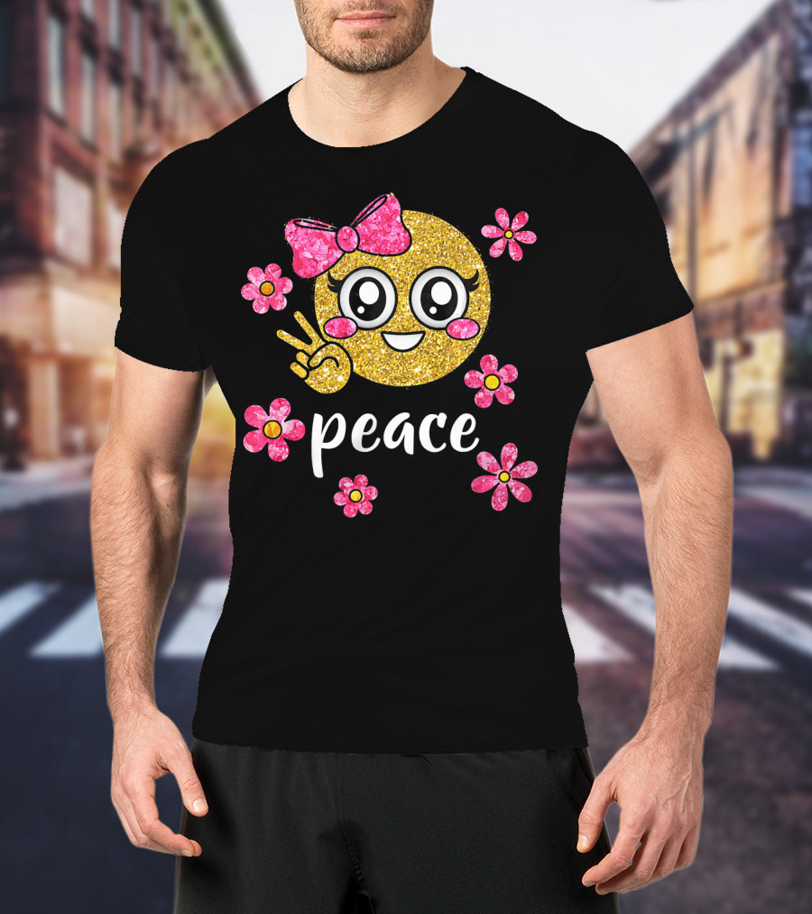 Cute Kawaii Emoji Glitter Peace Sign With Pink Flowers T-Shirt
