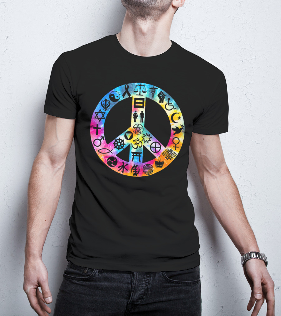 Human Rights Peace Symbol Tie Dye With Diverse Religious And Cultural Icons T-Shirt