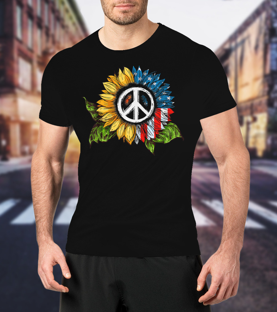 Sunflower Peace Sign American Flag T-Shirt