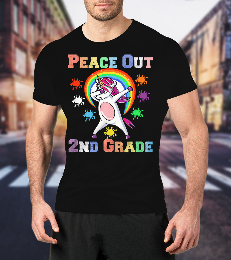 Peace Out 2nd Grade Unicorn Dabbin Rainbow Splash T-Shirt