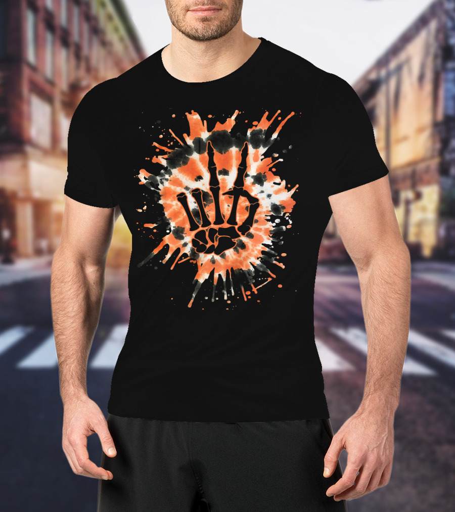 Orange Tie Dye Skeleton Hand Peace Sign T-Shirt