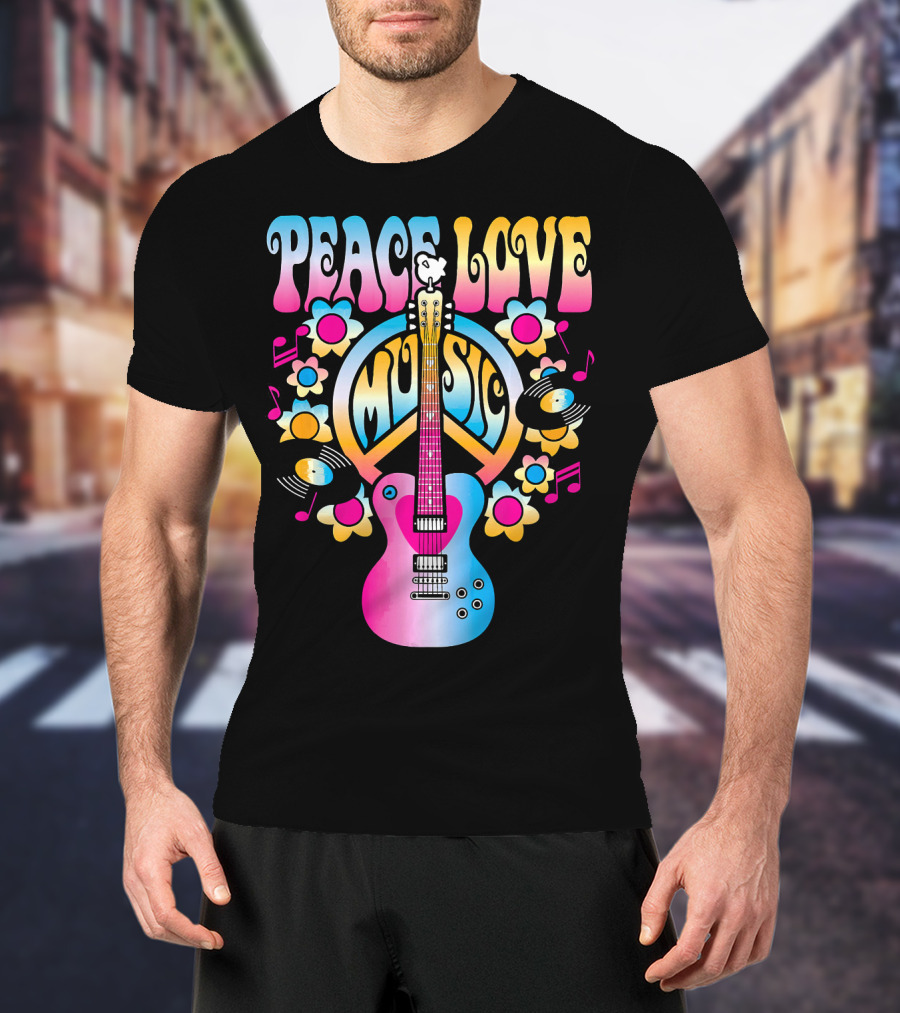 PEACE LOVE MUSIC Retro Rock And Roll Guitar Groovy 60s Style With Flowers And Peace T-Shirt