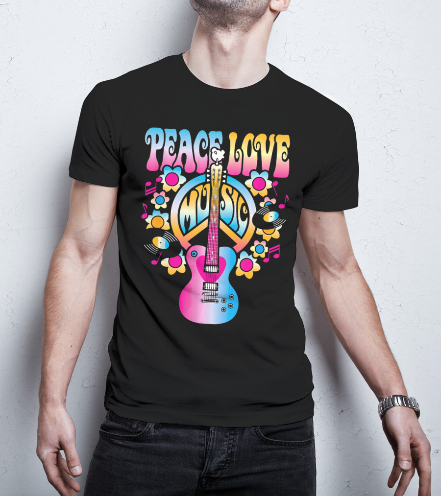PEACE LOVE MUSIC Retro Rock And Roll Guitar Groovy 60s Style With Flowers And Peace T-Shirt
