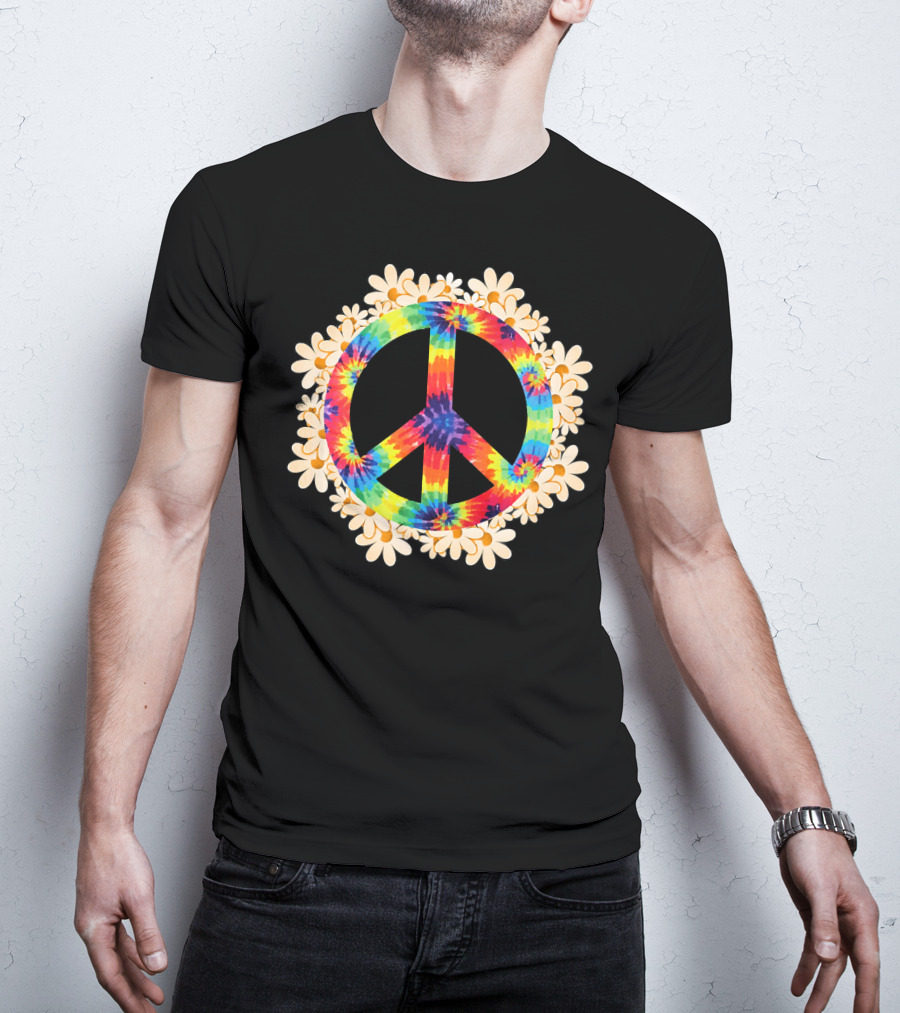 Rainbow Tie-Dye Peace Sign With Daisy Border T-Shirt