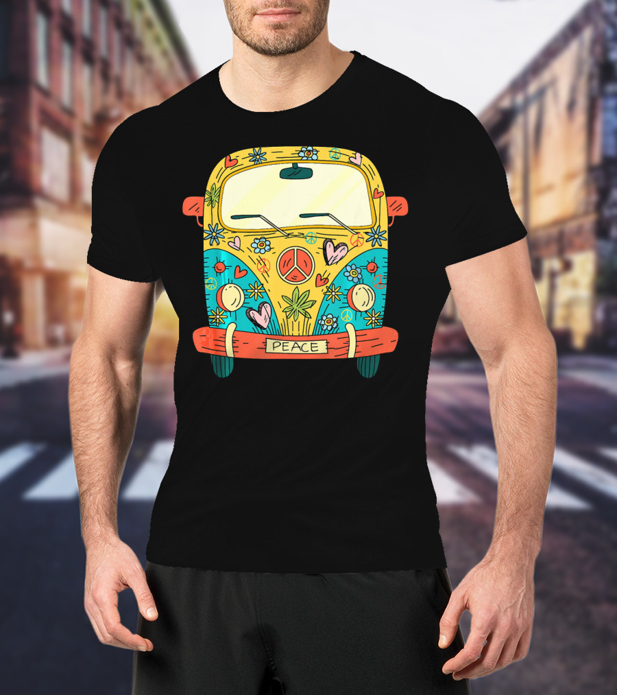 Peace Hippie Van Colorful Flowers And Hearts T-Shirt