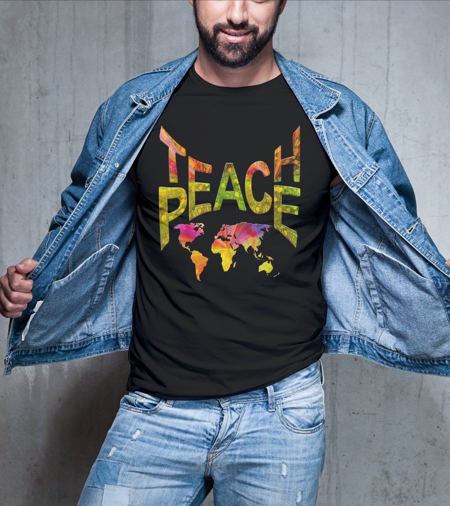 Teach Peace Nadine May World Map Colorful Letters T-Shirt