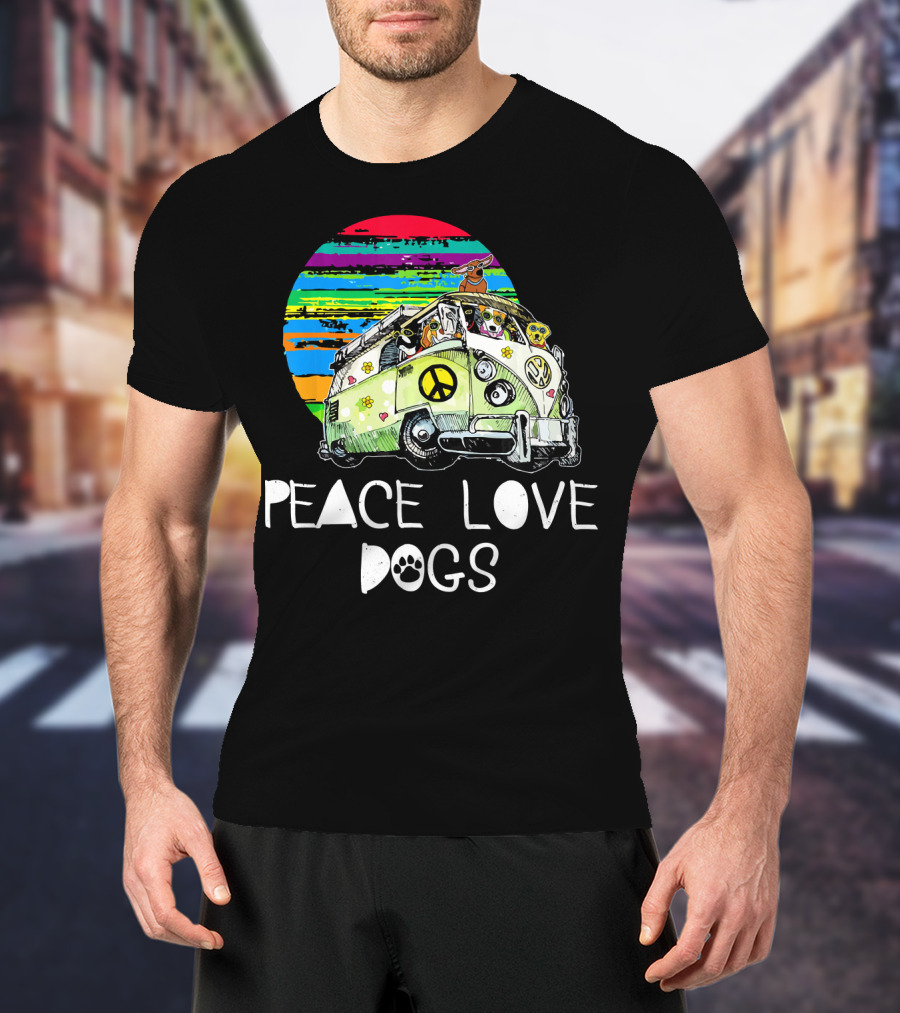 Peace Love Dogs Hippie Van Dog Lovers Vintage Peace Sign Retro Circle T-Shirt
