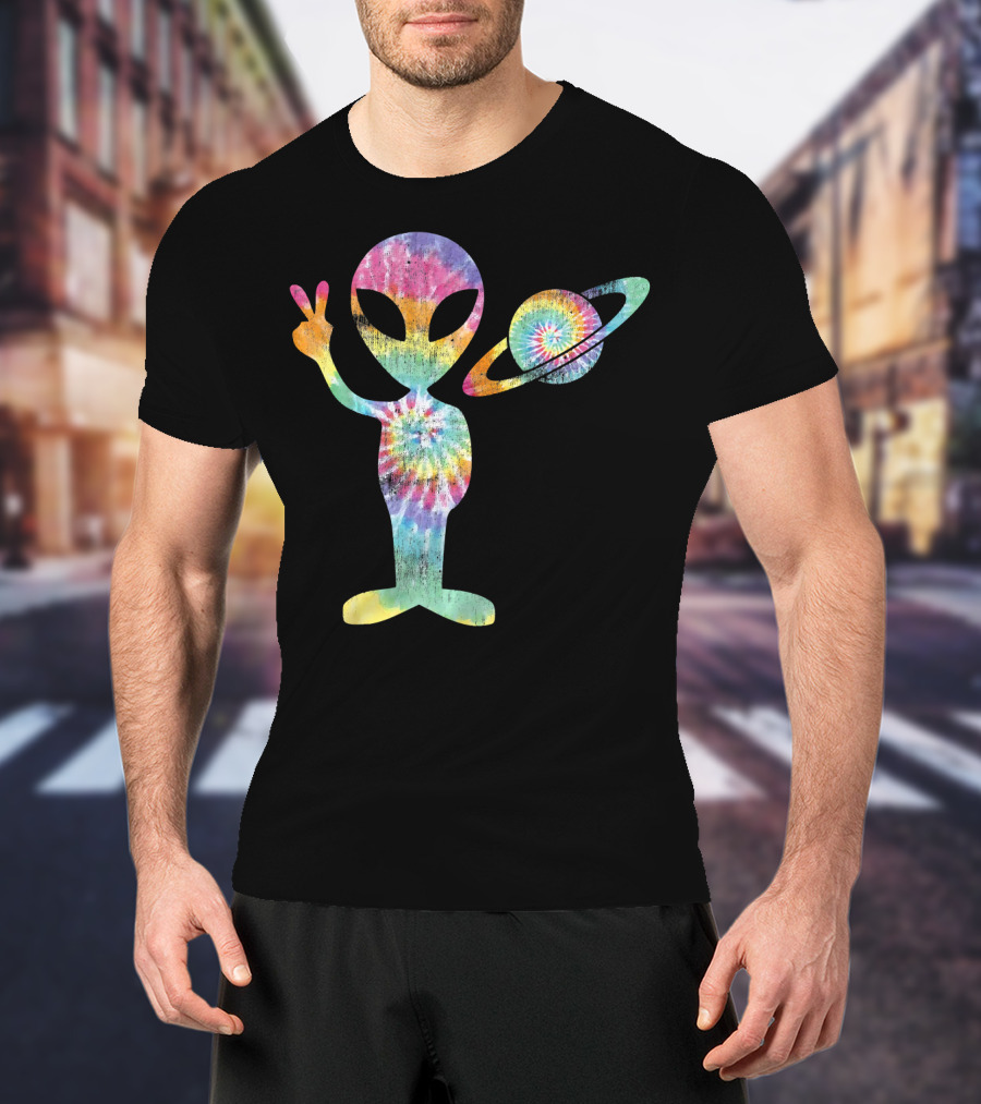 Funny Tie Dye Alien Peace Sign With Planet T-Shirt