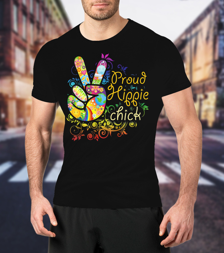 Proud Hippie Chick Peace Sign With Colorful Floral T-Shirt
