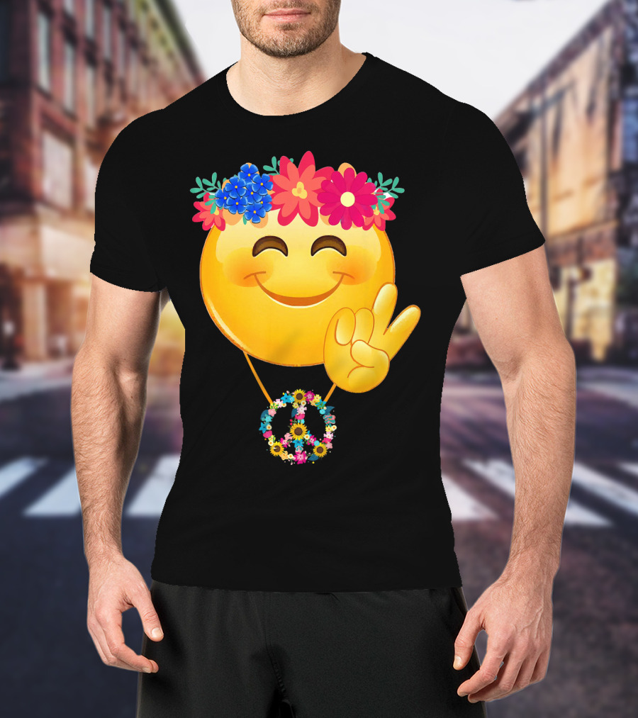 Hippie Flower Power Crown Smiley Peace Sign Necklace T-Shirt