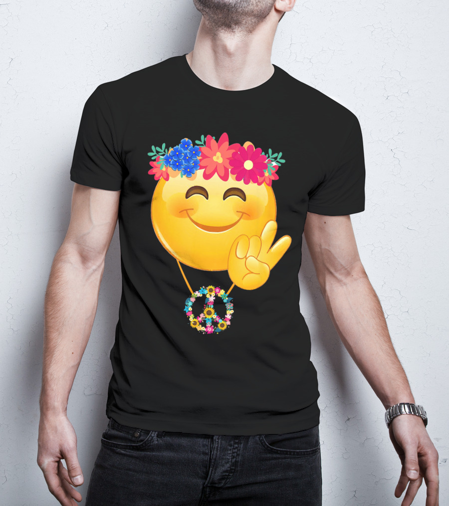 Hippie Flower Power Crown Smiley Peace Sign Necklace T-Shirt