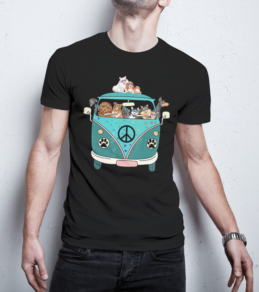 Dogs Riding A Peace Sign Paw Print Bus T-Shirt